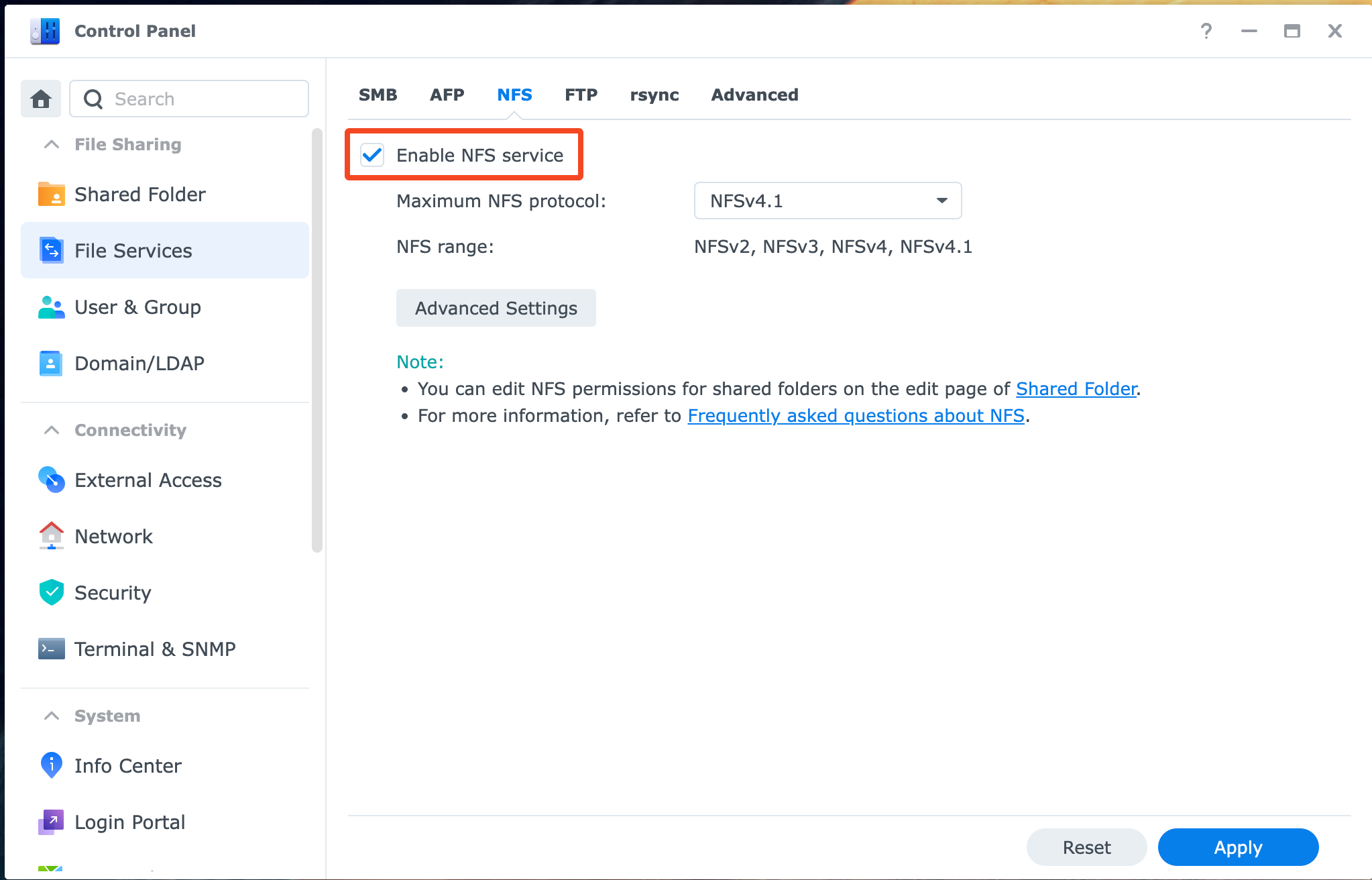 Povolení NFS služby
